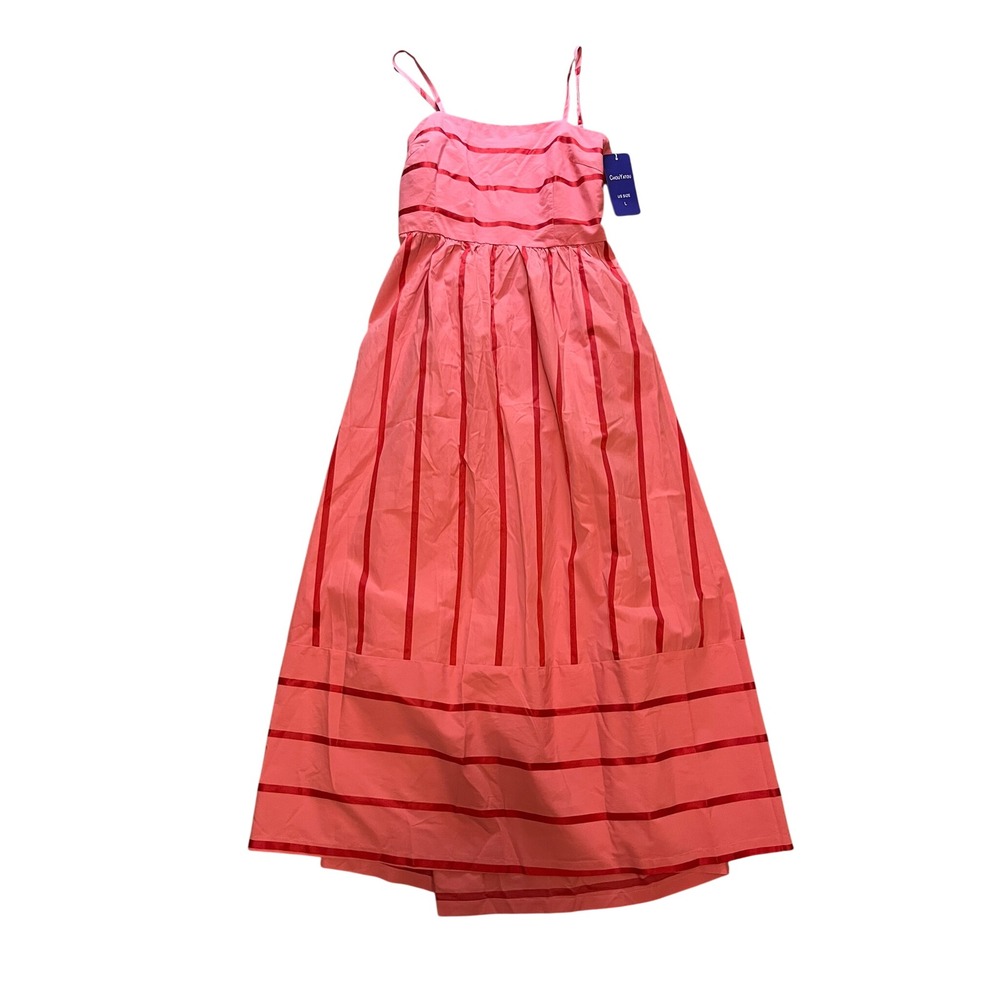Chouyatou Pink Red Striped Cotton Maxi Dress Smocked Back Cottagecore Fairy